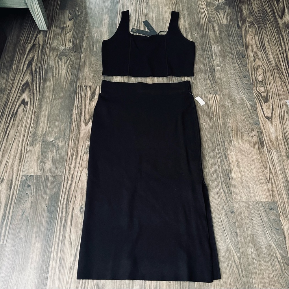 House of Harlow 1960 NEW Black Compression Knit Crop Top and Midi Skirt Set